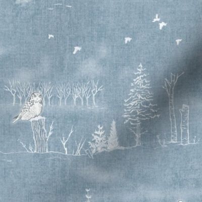 Winter Forest Toile, White on Silver Blue (xl scale) | Sunrise forest fabric, snow, nature, woodland trees, sunset, natural Christmas fabric, dawn and dusk, blue and white hand drawn Scandinavian wildlife: fox, moose and owl.
