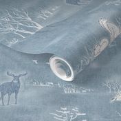 Winter Forest Toile, White on Silver Blue (xl scale) | Sunrise forest fabric, snow, nature, woodland trees, sunset, natural Christmas fabric, dawn and dusk, blue and white hand drawn Scandinavian wildlife: fox, moose and owl.