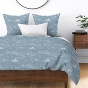 Winter Forest Toile, White on Silver Blue (xl scale) | Sunrise forest fabric, snow, nature, woodland trees, sunset, natural Christmas fabric, dawn and dusk, blue and white hand drawn Scandinavian wildlife: fox, moose and owl.