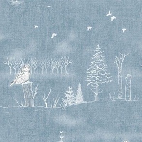 Winter Forest Toile, White on Silver Blue (xl scale) | Sunrise forest fabric, snow, nature, woodland trees, sunset, natural Christmas fabric, dawn and dusk, blue and white hand drawn Scandinavian wildlife: fox, moose and owl.