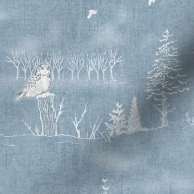Winter Forest Toile, White on Silver Blue (xxl scale) | Sunrise forest fabric, snow, nature, woodland trees, sunset, natural Christmas fabric, dawn and dusk, blue and white hand drawn Scandinavian wildlife: fox, moose and owl.