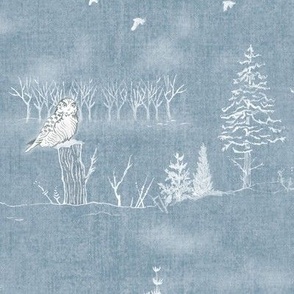 Winter Forest Toile, White on Silver Blue (xxl scale) | Sunrise forest fabric, snow, nature, woodland trees, sunset, natural Christmas fabric, dawn and dusk, blue and white hand drawn Scandinavian wildlife: fox, moose and owl.