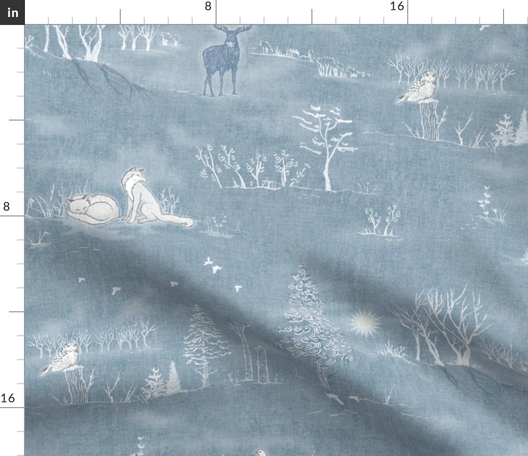 Winter Forest Toile, White on Silver Blue (xxl scale) | Sunrise forest fabric, snow, nature, woodland trees, sunset, natural Christmas fabric, dawn and dusk, blue and white hand drawn Scandinavian wildlife: fox, moose and owl.