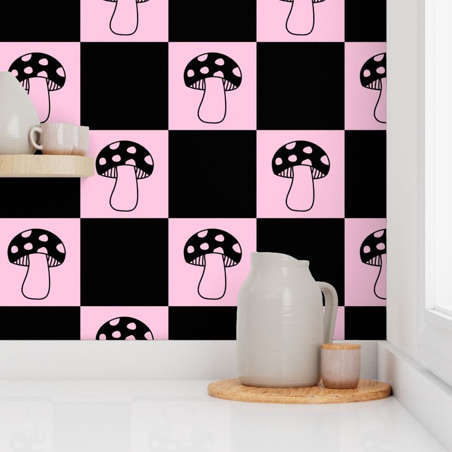 mushroom checkerboard black and pastel pink