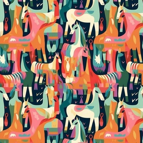 abstract unicorns and zebras in pink and orange inspired by modigliani
