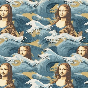 portrait of mona lisa in the ocean waves inspired by hokusai