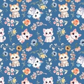 Adorable Cats playing in the Garden Blue Background