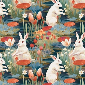 white rabbit in a lotus and waterlily garden inspired by claude monet