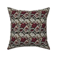 Embroidered Paisley Floral in Ivory, Burgundy, and Regency Linen - Coordinate