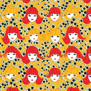 kawaii polka dot doll faces in red yellow and black white
