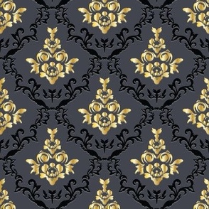Dramatic Victorian Damask in Shimmering Gold and Black on Charcoal
