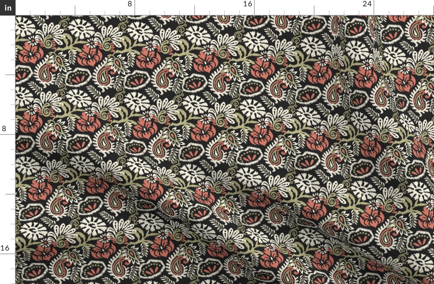 Embroidered Paisley Floral in Ivory, Aged Terra Cotta and Sage Green - Coordinate