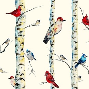 Birch trees & Winter Birds Painted in Watercolor - Cardinals Blue jays Chickadees Red Bellied Woodpecker in Forest on Cream White