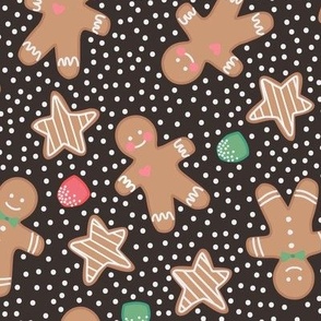 Christmas Holiday Gingerbread Boys and Girls and Gum Drops on Black - 3 inch