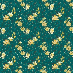 SMALL Magnolia & Lily of the Valley Paper Cutting with mushrooms branches ferns & texture in teal, brown, & yellow gold