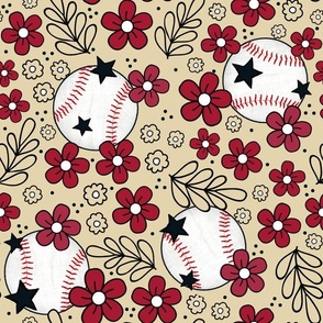 Large Scale Team Spirit Baseball Floral in Arizona Diamondbacks Colors Red and Sand