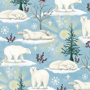 Polar bears in the arctic sun with snowflakes, trees, berries, pine grosbeak, smaller scale