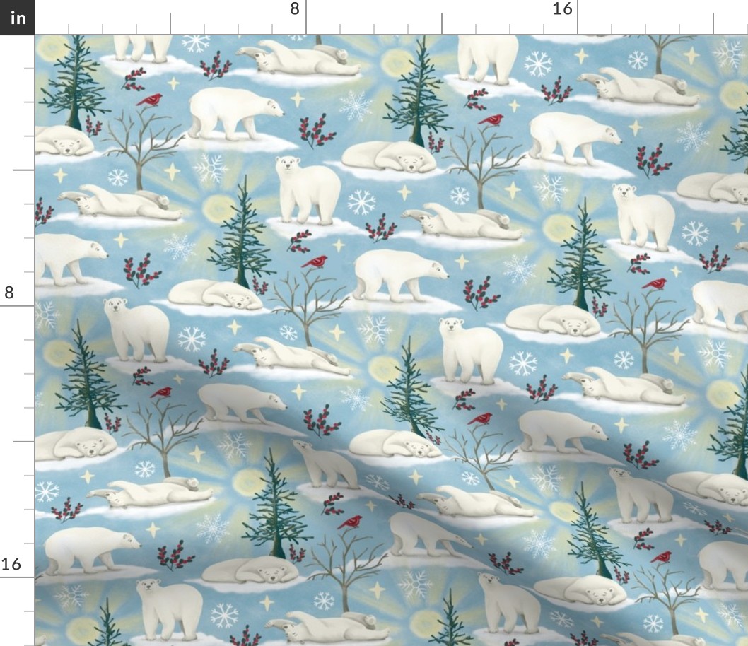 Polar bears in the arctic sun with snowflakes, trees, berries, pine grosbeak, smaller scale