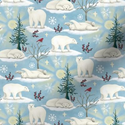 Polar bears in the arctic sun with snowflakes, trees, berries, pine grosbeak, very small scale