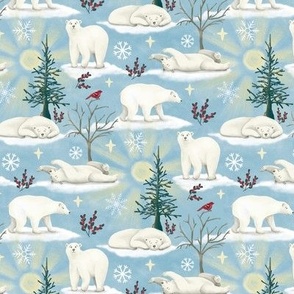 Polar bears in the arctic sun with snowflakes, trees, berries, pine grosbeak, very small scale