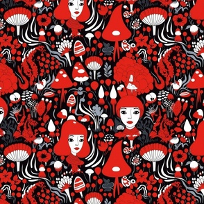red queen of hearts in the mushroom forest