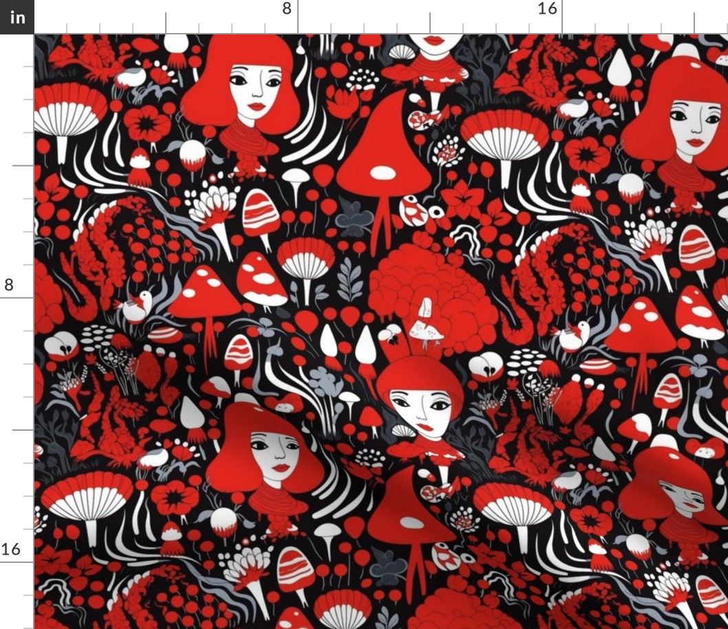red queen of hearts in the mushroom forest
