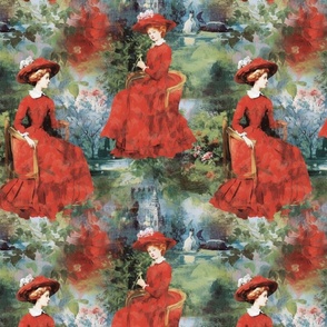 victorian lady in red inspired by claude monet