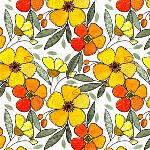 Medium_ Summer Floral Collage_Contour Line Drawn_ Yellow/Orange/Red/Green