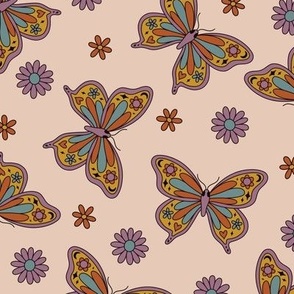 Colorful Retro Butterflies and Flowers
