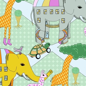 Surrealist Animal Parade - elephants, giraffe, llamas