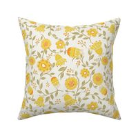 Lemon Yellow Orange White Olive Green Folksy Florals Vintage Retro Boho