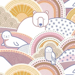 Winter Nap Time- Arctic Animals- Winter Sunshine- Polar Bear- Seal- Snow Owl- Narwal- Nursery Wallpaper- Kids Bedding- Mauve- Pink- Gold- Wallpaper Extra Large