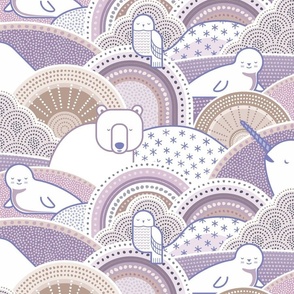 Winter Nap Time- Arctic Animals- Winter Sunshine- Polar Bear- Seal- Snow Owl- Narwal- Nursery Wallpaper- Kids Bedding- Purple- Violet- Lavender Wallpaper Large