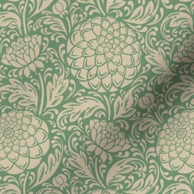 (M) dahlia garden-arts and crafts-warm green-medium scale