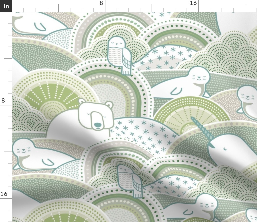 Winter Nap Time- Arctic Animals- Winter Sunshine- Polar Bear- Seal- Snow Owl- Narwal- Nursery Wallpaper- Kids Bedding- Sage- Teal- Soft Green- Large