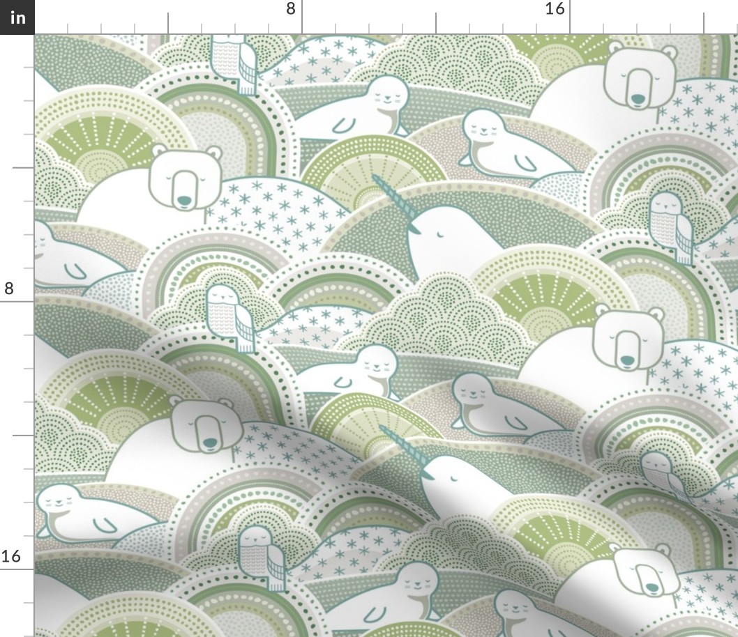 Winter Nap Time- Arctic Animals- Winter Sunshine- Polar Bear- Seal- Snow Owl- Narwal- Nursery Wallpaper- Kids Bedding- Sage- Teal- Soft Green- Medium