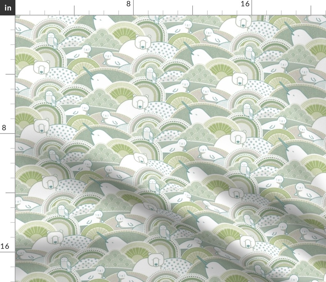 Winter Nap Time- Arctic Animals- Winter Sunshine- Polar Bear- Seal- Snow Owl- Narwal- Nursery Wallpaper- Kids Bedding- Sage- Teal- Soft Green- Small