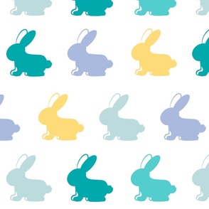 Pop Art Easter bunny rabbits in bright teal green, denim blue, kitsch easter