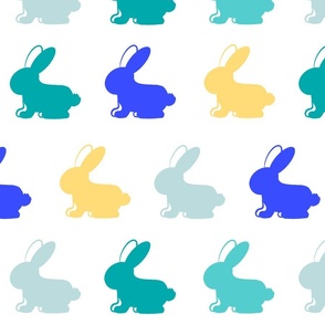 Pop Art Easter bunny rabbits in bright teal green, electric blue,, Easter yellow