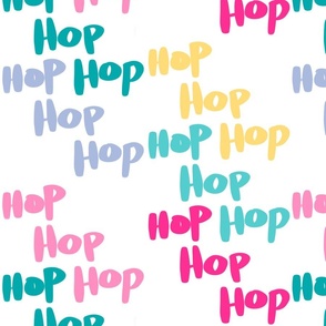 Pop art written text  - hop hop hop - soft denim blue and candy pink teal yellow 