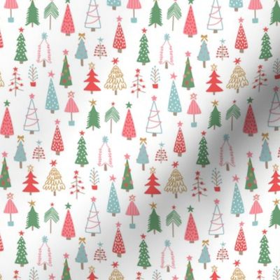 Bright Hand Drawn Christmas Trees in Red Green  Gold Blue on White - 1 inch
