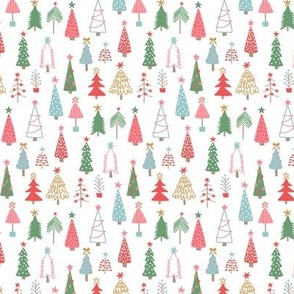 Bright Hand Drawn Christmas Trees in Red Green  Gold Blue on White - 1 inch