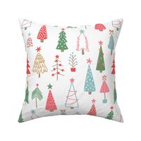 Bright Hand Drawn Christmas Trees in Red Green  Gold Blue on White - 4 inch