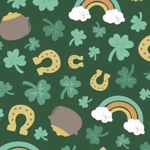 St Patrick’s Day, shamrock, rainbow, pot gold, horseshoe on dark green