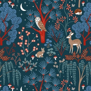 Woodland Night Life - Red and Blue - Medium Scale