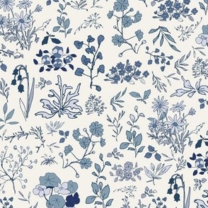 A sweet and nostalgic pattern of small wildflowers in indigo and light blue