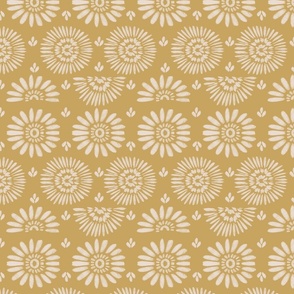 Bohemian floral design in ivory and mustard yellow