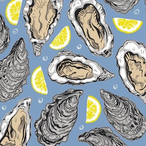 Oysters and lemons on blue background 21"