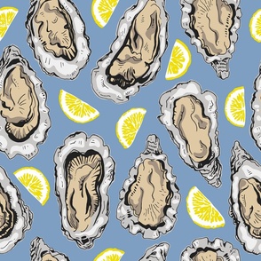 Oysters and lemons on blue background "21