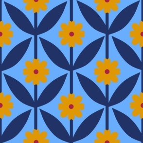 Scandinavian Yellow Flowers on Blue Background
